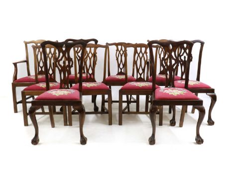A Harlequin set of Chippendale style mahogany dining chairsthe pierced splats above tapestry drop-in seats, comprising a grou