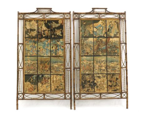 A pair of Japanese bamboo fire-screens,20th century, inserted with a collection of Japanese woodblock prints on linen, of var