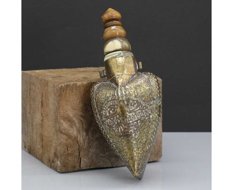 An Ottoman brass-mounted heart-shaped wooden powder flask,late 18th century, with a turned horn stopper, richly carved with s