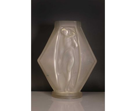 An Art Deco Etling glass vase, of shaped lozenge form, moulded each side with ladies, raised on a circular foot, moulded mark