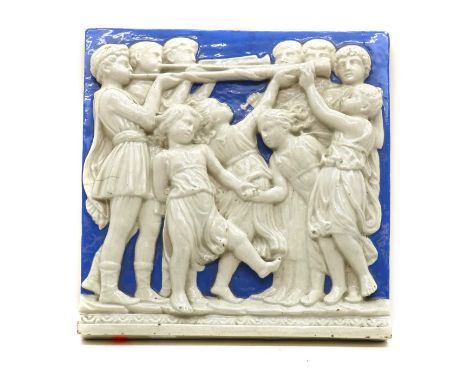 A Della Robbia style pottery plaque,relief decorated with a fanfare of figures, 29 x 29cmCondition ReportSome glaze chips to 