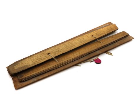 A Sinhalese palm leaf manuscript,possibly Sri Lankan, 39 inscribed leaves held between two wood covers,47cm longCondition Rep
