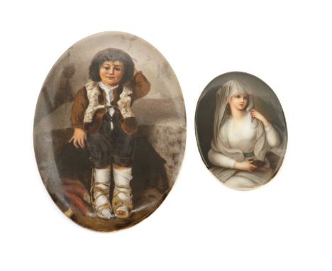 A KPM porcelain plaque,c.1900, painted with a young girl seated on a ledge, impressed marks,17.5 x 13cmtogether with another 