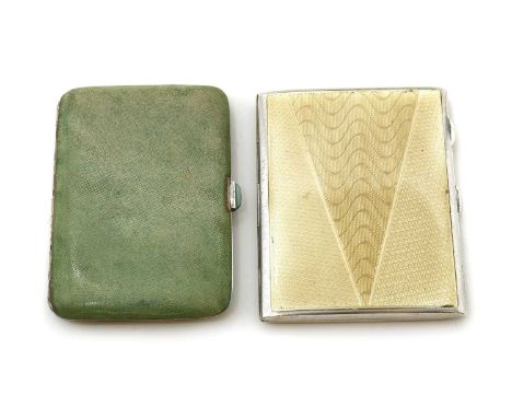 An Art Deco French silver and shagreen cigarette case, with applied initial 'W' in marcasite stones, green stone clasp, and g