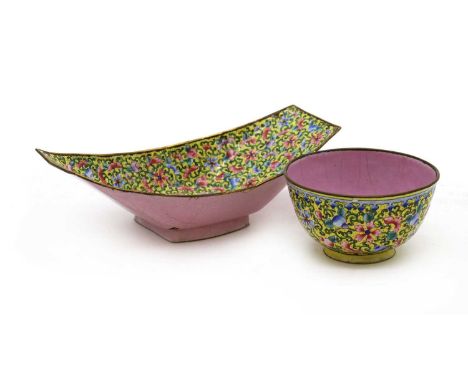 A Chinese painted enamel tea bowl and tray, Qing dynasty (1644-1911), decorated with double gourds amongst tendrils and flowe