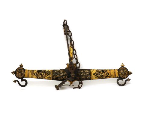 A large Victorian parcel-gilt commercial balance beam scale, 19th century, by Young, Son &amp; Marlow of Kew Bridge, with scr