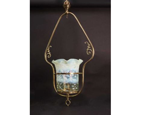 An Arts and Crafts glass hanging ceiling light, the vaseline glass shade, in the manner of Richardson of Stourbridge, with a 