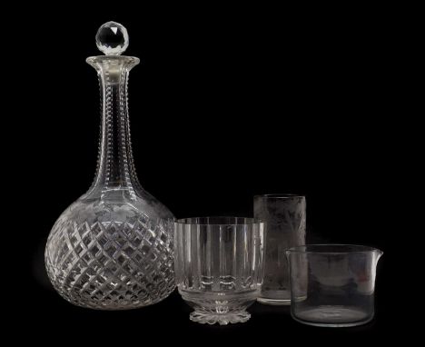 A Stourbridge glass decanter,possibly by Webb, the racquet cut neck above engraved and hobnail cut body,38cm high, together w