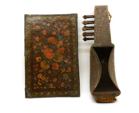 A Qajar lacquered papier-mâché panel,19th century, Iran, possibly a book or manuscript cover, decorated throughout with hyaci