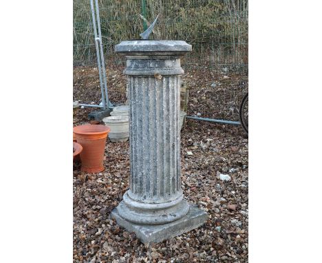 A Haddonstone sundial, with brass engraved dial, to a fluted column and circular stepped base43cm diameter100cm highCondition
