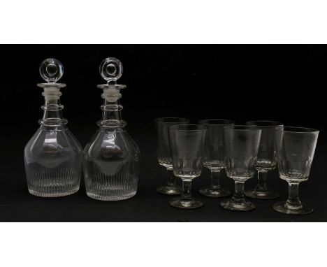 A pair of Regency cut glass decanters,mallet-shaped, each with triple ring necks and target stoppers27cm highand six Regency 