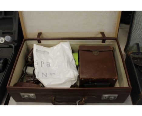 Large brown case containing Ilford, Kodak, Agfa, Isolette, Zeiss & Zeiss Ikon 665/7 Plate, Boots Movie camera and accessories