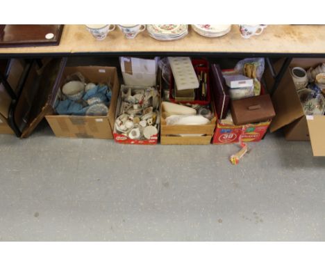 Five boxes miscellaneous china, tea wares etc including Royal Doulton, gilt framed print and cuttlery