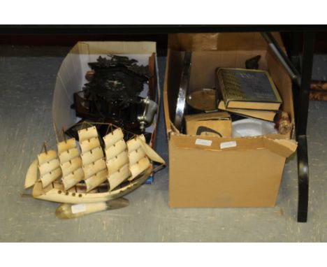 Two boxes of misc items including lens viewer, sailing boat model and door knocker 