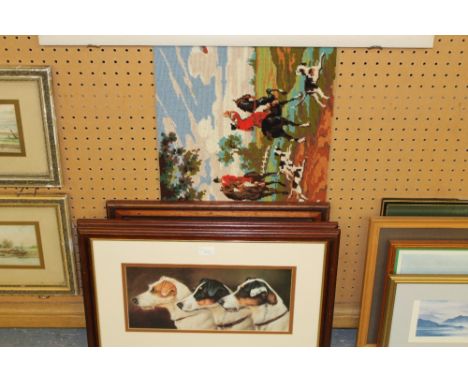 Three hunting paintings and hunting needlework