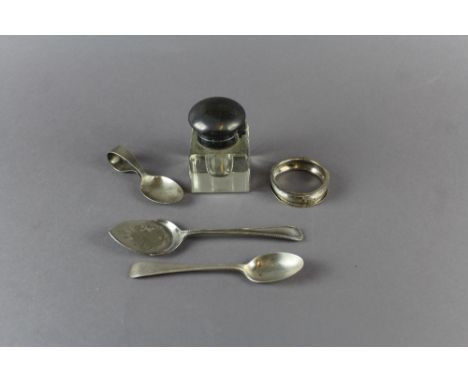 Silver caddy spoon, spoon, inkwell etc