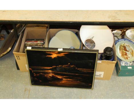 Four boxes including a selection of DVD's, homeware, boardgames, pottery and a coastal scene print.