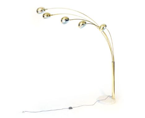 A 1970/80's Swedish brass sectional standard lamp, the 'arc'-type shaft supporting five shades, on a single column and marble