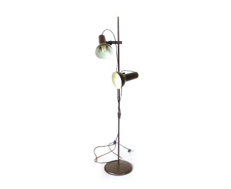 A 1970's brown standard lamp, the two adjustable shades on a straight shaft
 CONDITION REPORT: Working order unknown, lead cu