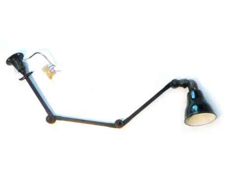 A 1950/60's machinist's adjustable three-arm lamp with a green enamelled shade
 CONDITION REPORT: require re-wiring, wear and