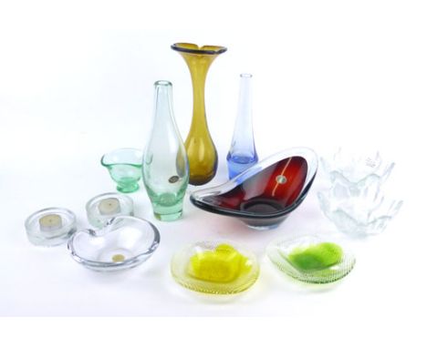 A group of Art Glass including a Swedish red table centre, a pair of Dartington tealight holders in the form of flowerheads e