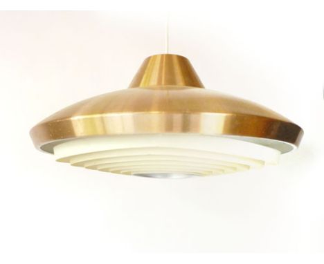 A 1970's copper coloured ceiling light with a perspex diffuser
 CONDITION REPORT: Some wear and knocks, some minor losses to 