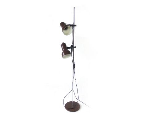 A 1970's brown standard lamp, the two adjustable shades on a straight black shaft
 CONDITION REPORT: Working order unknown, l