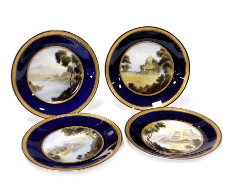 Four Royal Worcester porcelain cabinet plates, circa 1919, painted by C Johnson, with Plas Crug, Kenarth Bridge, Sudbrooke Ca