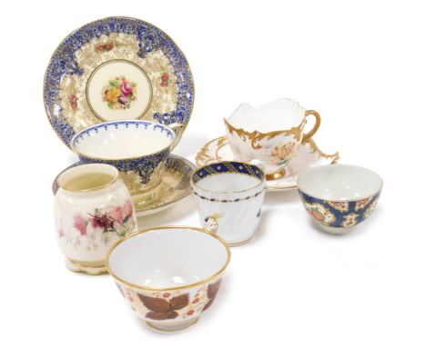 Various cabinet cups and saucers, a Royal Worcester hand painted floral cup and saucer, 14cm wide, further Worcester and Caug