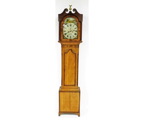 J. Saltby of Grantham. A 19thC oak and mahogany longcase clock, with swan pediment hood with bulbous and eagle brass applicat