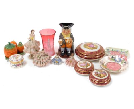 A small group of collectables, to include a Mary Gregory style cranberry glass vase, Limoges trinket boxes, Falcon China trin