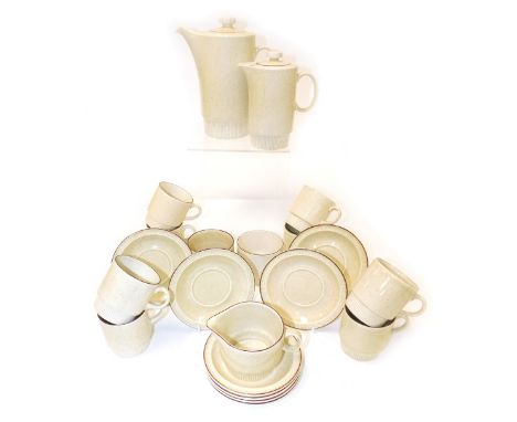 A Poole Broadstone pottery part coffee service, printed marks, comprising coffee pot, hot water jug, cream jug, two sugar bow
