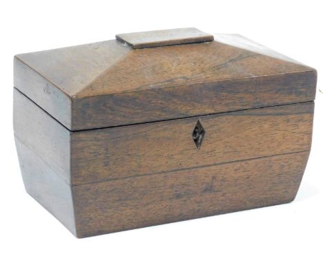 A Regency rosewood sarcophagus shaped tea caddy, lacking interior and feet, 23cm wide. (AF)