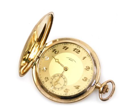 A B.W.C chronometer gold plated pocket watch, bearing the initials F K, with engine turned decoration.