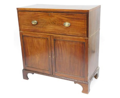 A George III mahogany secretaire chest, the secretaire drawer opening to reveal four recesses, above one long drawer, flanked