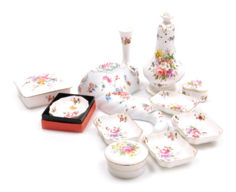 A Worcester porcelain cornucopia wall pocket, decorated with flowers, Hammersley floral decorated sugar sifter, Royal Crown D