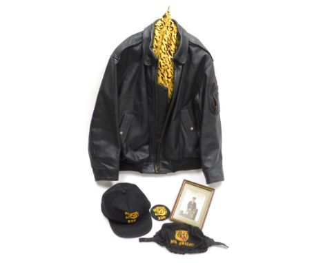 A black leather Nato Tigers flying jacket, type 23001, size 40 regular, with tiger print square cloth, two caps and photograp