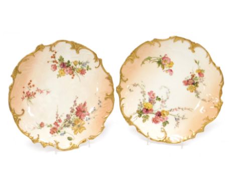 A pair of Royal Worcester blush ivory porcelain cabinet plates, decorated with flowers, etc., within a gilt shaped border, st