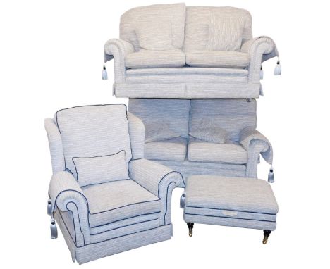 A four piece lounge suite, upholstered in striped fabric, with blue trim, comprising a pair of two seater sofas, 156cm wide, 