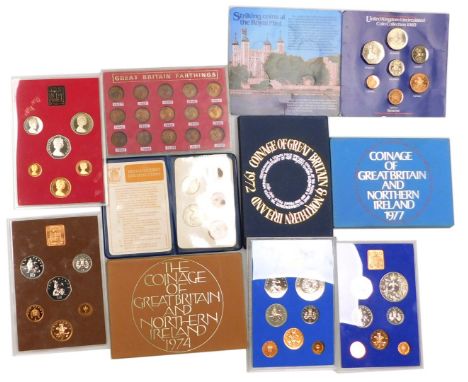 Three Royal Mint Coinage of Great Britain and Northern Ireland Mint Coin Sets, 1972, 1974 and 1977, a set of Great Britain fa