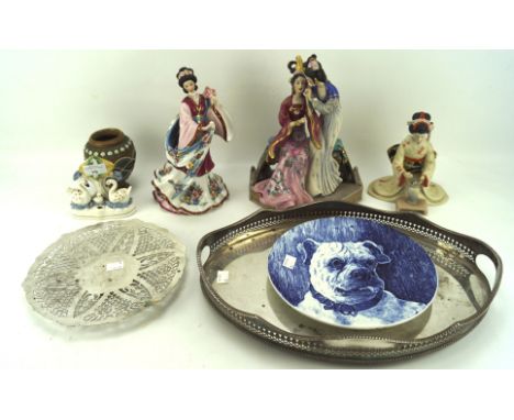 An assortment of ceramics and metalware, including a late 19th century Staffordshire ceramic model of swans, modern Chinese f