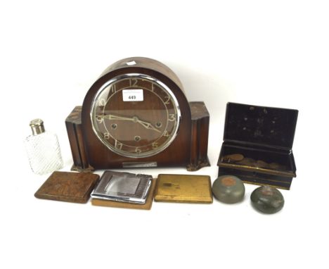 An assortment of collectables, to include a Smiths mahogany veneered mantel clock, wooden treen cigarette case, Kincraft chro