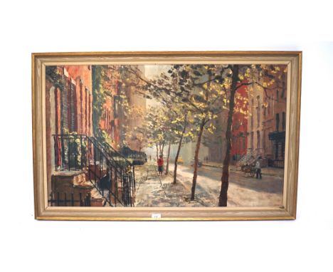 A Peter Hayward print, depicting a street scene, 100cm x 59cm, framed