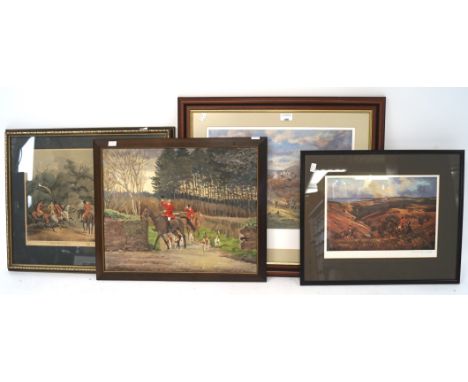 Four hunting related prints and paintings, including a signed Tim Scott Bolton print 'The Crowcombe Beagles at Dunster' 47cm 