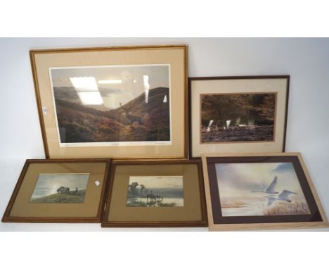 Five assorted prints and pictures, including a watercolour of a flying goose, a limited edition print by Maurice Bishop 'Porl