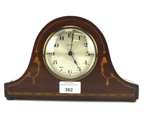 A Swiss Fontainemelon mantle clock, the silvered dial with Arabic numerals, platform escapement, the wooden case with inlaid 