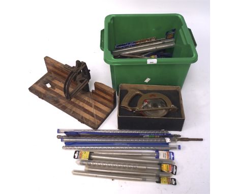 An assortment of vintage tools, to include a Quicksaw, Stanley Jigsaw stand, drill bits, etc