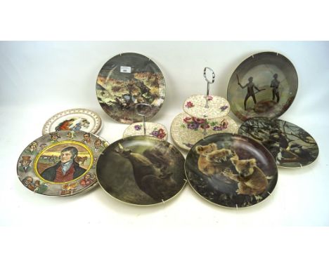 A Midwinter Stylecraft cake stand and a selection of ceramic plates including Royal Doulton examples