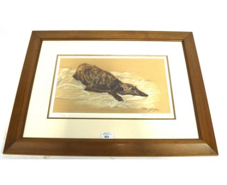 Debbie Gillingham, signed limited edition print depicting a greyhound, numbered 71/495, 40cm x 22cm, framed and glazed