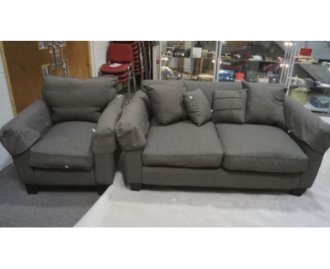 A charcoal two seater sofa and armchair with scatter cushions, measures approximately L185cm x D94cm x H85cm